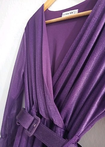 Mor Uzun Kollu V Yaka Simli Kemerli Kadın Elbise - Görsel 4