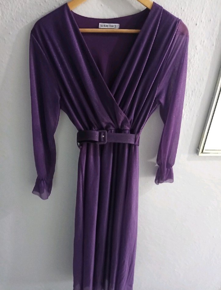 Mor Uzun Kollu V Yaka Simli Kemerli Kadın Elbise - Görsel 2