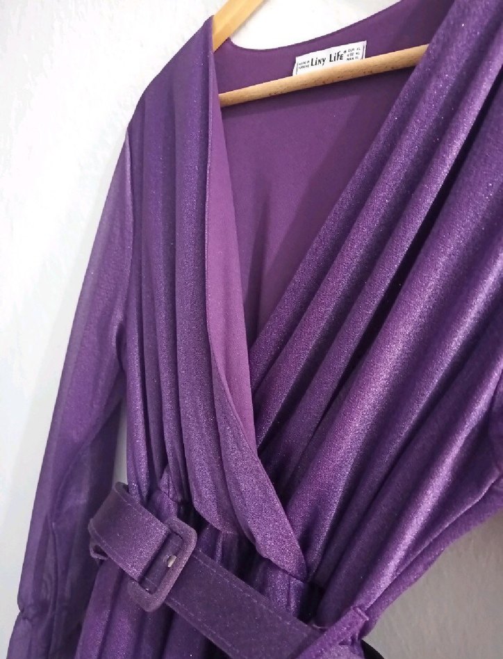 Mor Uzun Kollu V Yaka Simli Kemerli Kadın Elbise - Görsel 4