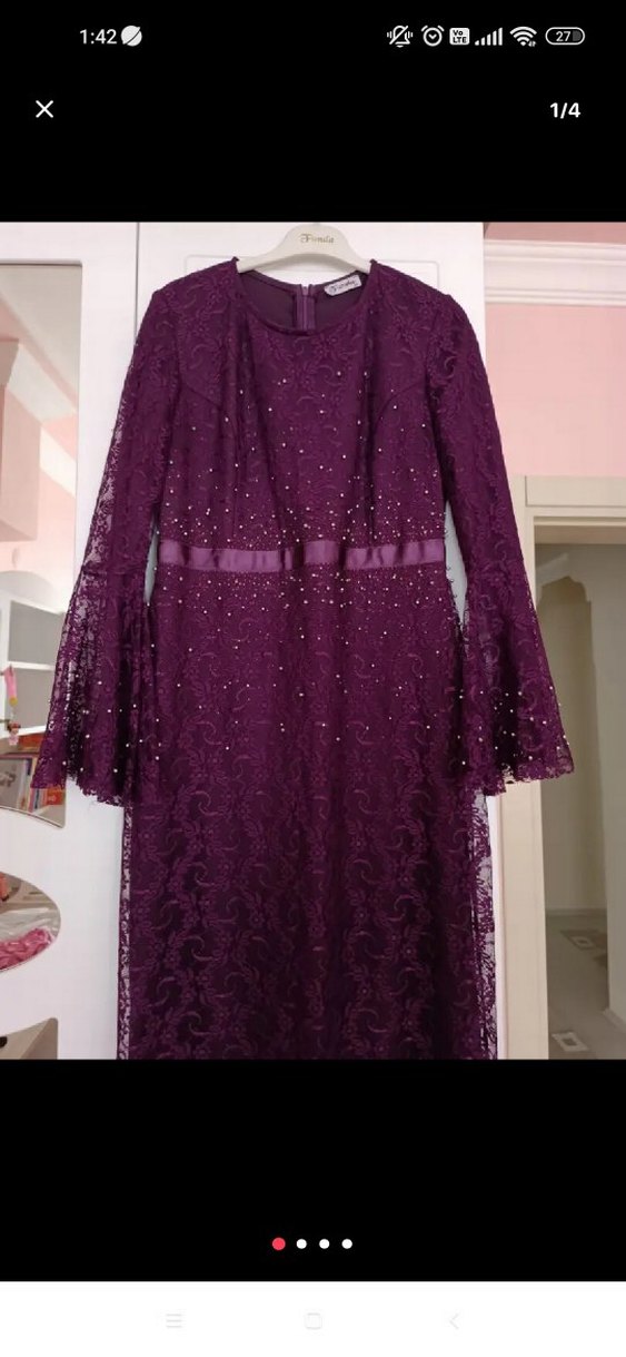 Mor Uzun Kollu İşlemeli Dantel Elbise - Görsel 2