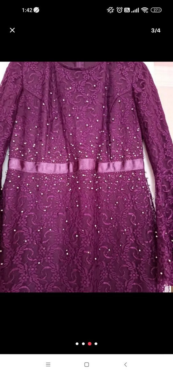 Mor Uzun Kollu İşlemeli Dantel Elbise - Görsel 3