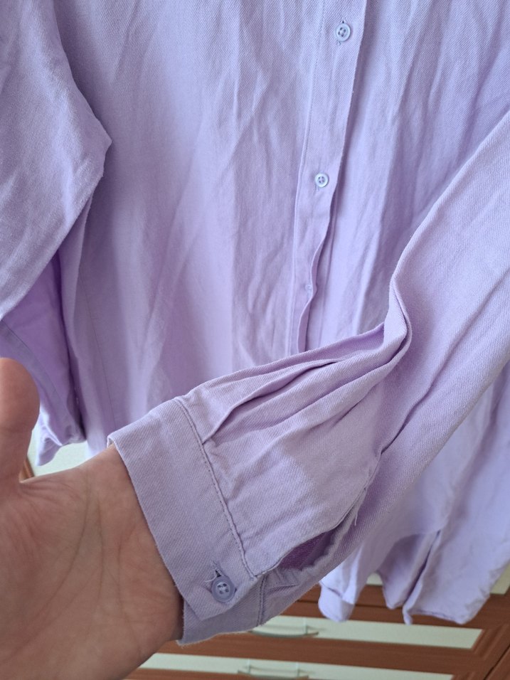 Lila Düğmeli Keten Kadın Gömlek - Görsel 2