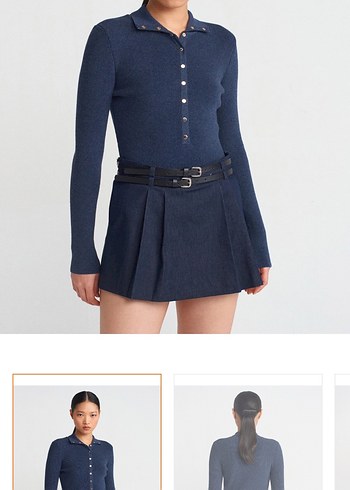 Düğmeli Lacivert Denim Kadın Kazak - Görsel 2