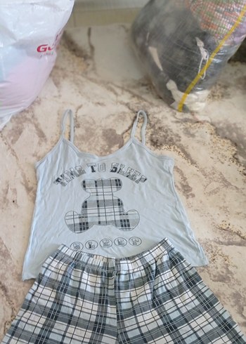 l Beden gri Renk Gri Desenli Kadın Mini Pijama Takımı