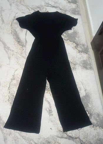 Siyah Kadın V Yaka Pilili Tulum - Görsel 4