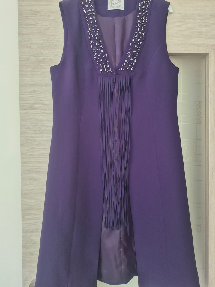 Mor Pilili Uzun Kollu Abiye Elbise - Görsel 2