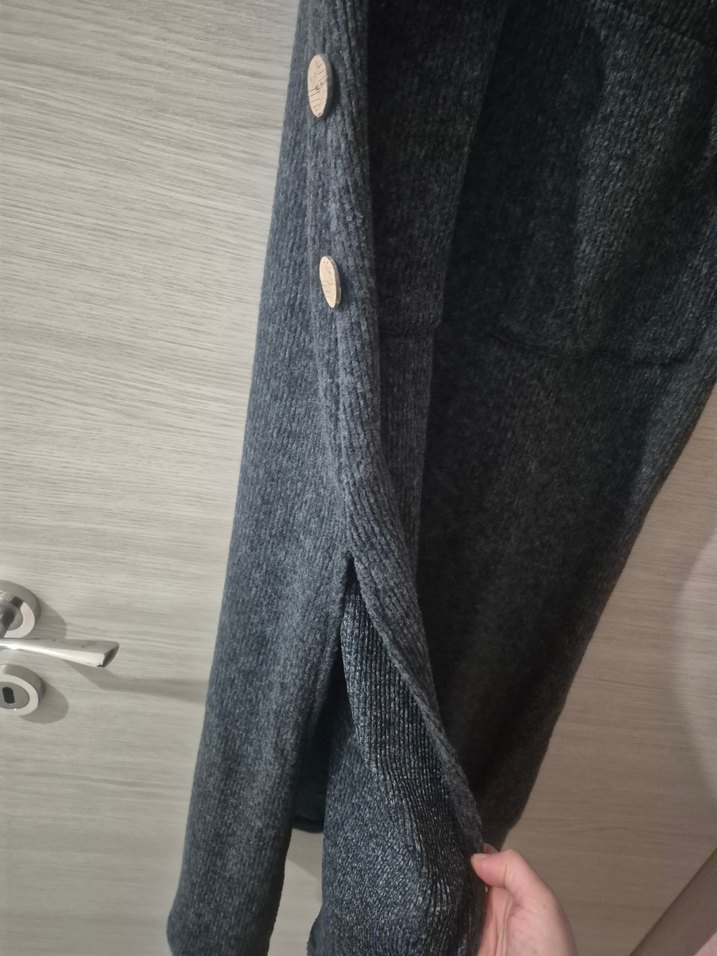 Gri Düğmeli Uzun Kolsuz Kadın Elbise - Görsel 3