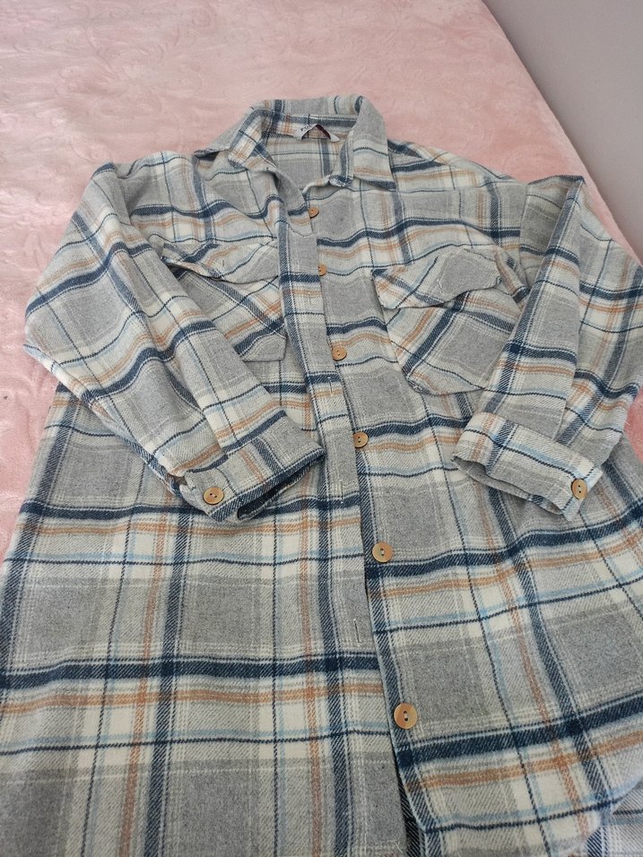 Düğmeli Gri Ekose Uzun Kollu Kadın Gömlek - Görsel 2