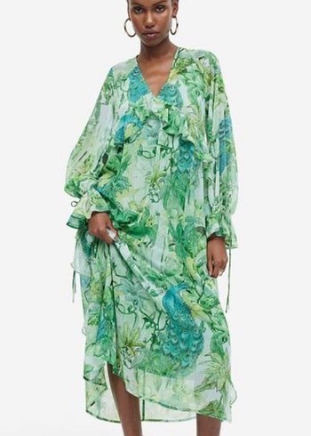 H&M Bohem Uzun Yeşil V Yaka Elbise