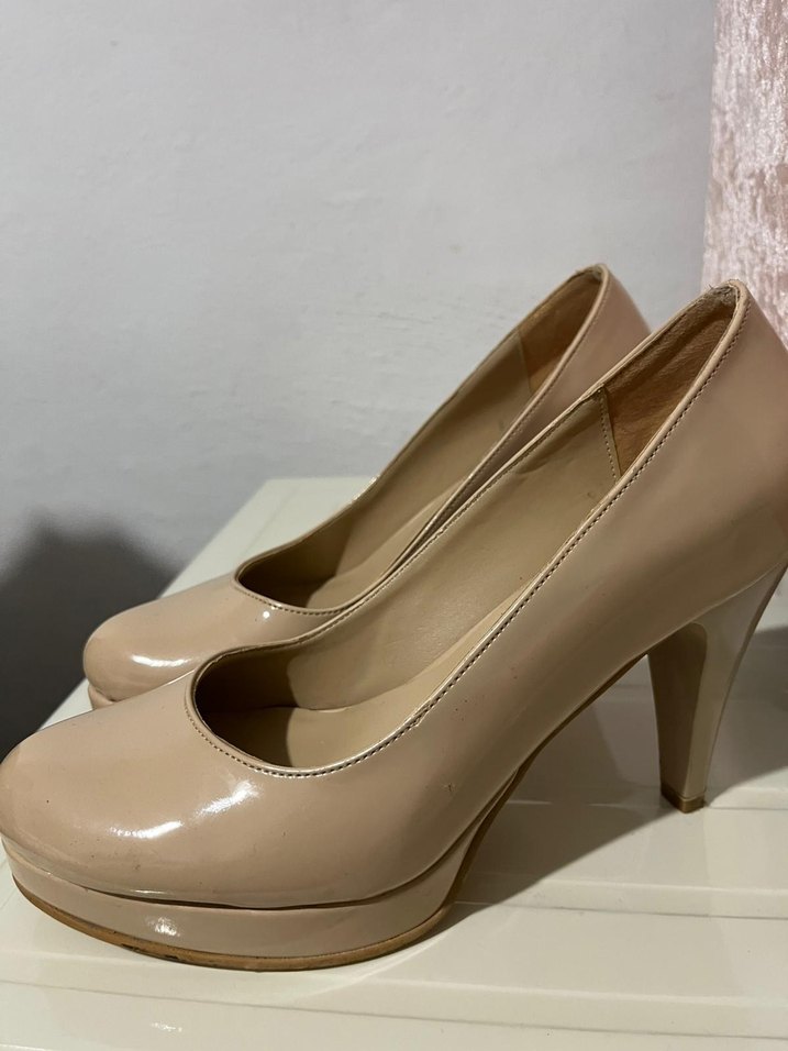 Bej Parlak Platform Topuklu Stiletto - Görsel 5