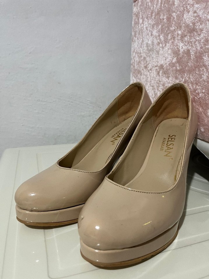 Bej Parlak Platform Topuklu Stiletto - Görsel 3