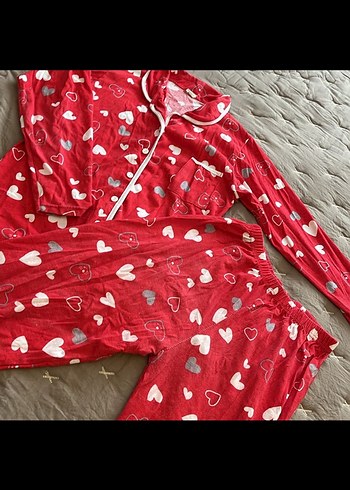 36 Beden Renkli Kalp Desenli Kırmızı Kadın Pijama Takımı