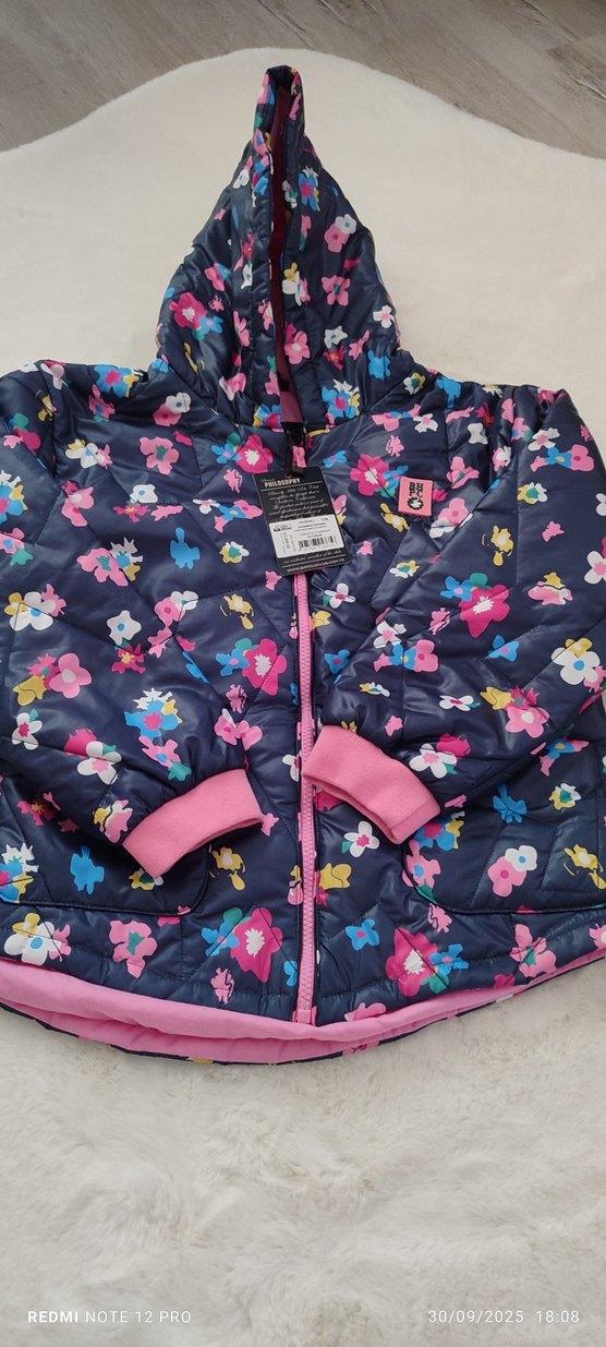 Kapüşonlu Kız Çocuk Çiçekli Fermuarlı Mont - Görsel 2