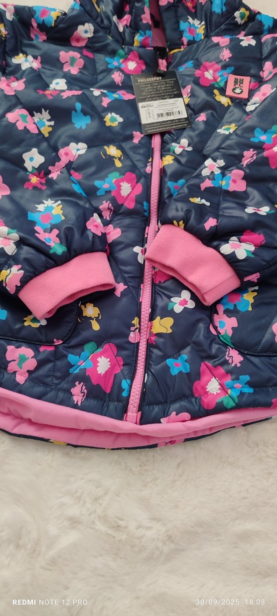 Kapüşonlu Kız Çocuk Çiçekli Fermuarlı Mont - Görsel 4