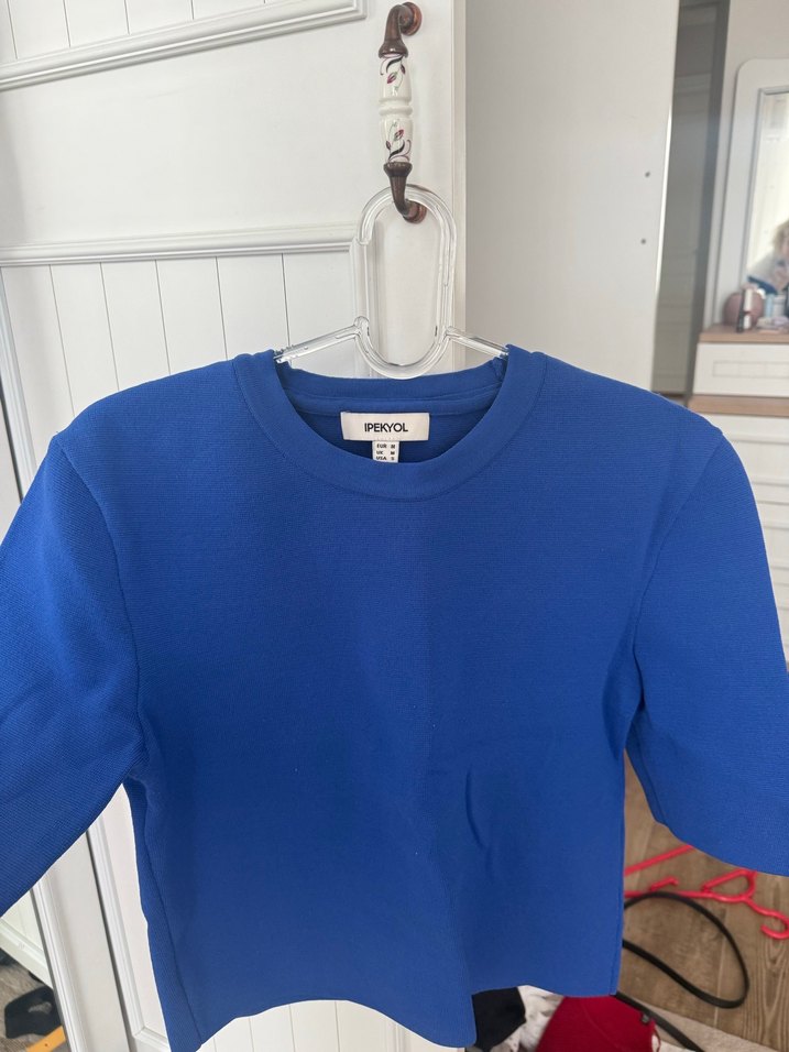 Kadın Mavi Kısa Kollu Bisiklet Yaka Triko - Görsel 2