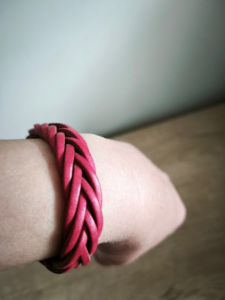 Pembe Bohem Örgülü gerçek deri Bayan Bileklik - Görsel 4