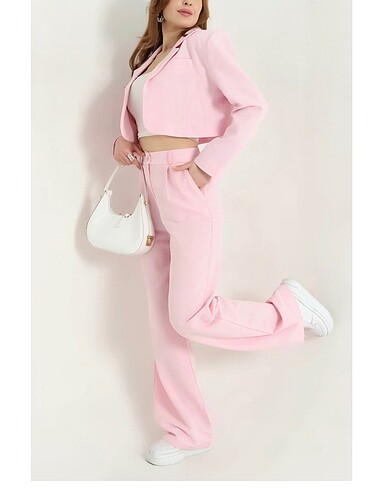 40 Beden pudra crop pantalon takım