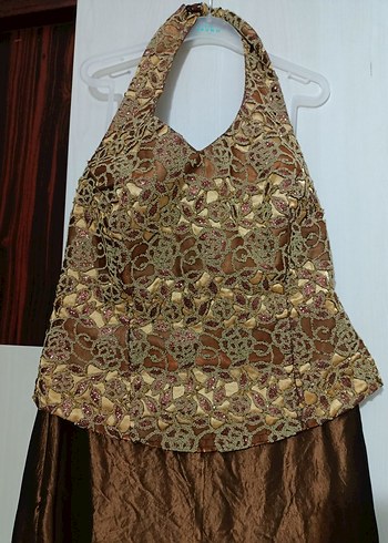 Kadın Parlak Kahverengi Uzun Bohem Straplez Elbise - Görsel 2