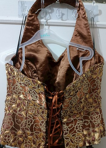 Kadın Parlak Kahverengi Uzun Bohem Straplez Elbise - Görsel 3