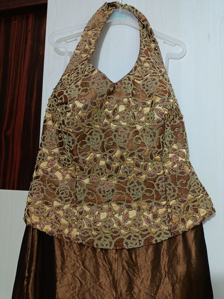 Kadın Parlak Kahverengi Uzun Bohem Straplez Elbise - Görsel 2