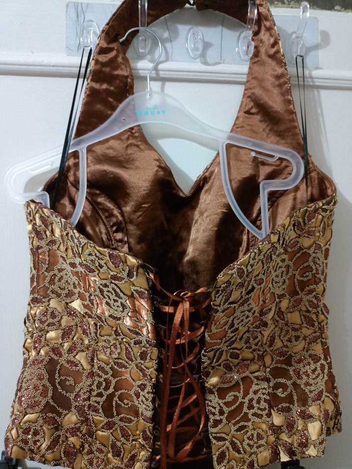 Kadın Parlak Kahverengi Uzun Bohem Straplez Elbise - Görsel 3