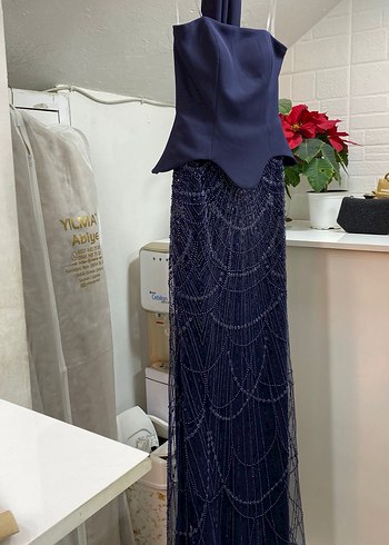 Boncuk İşlemeli Lacivert Uzun Abiye Elbise - Görsel 2