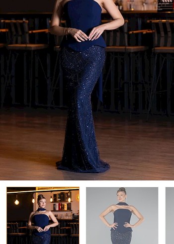 Boncuk İşlemeli Lacivert Uzun Abiye Elbise - Görsel 3