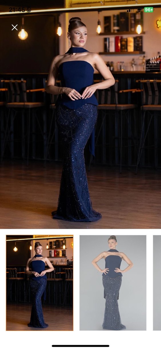 Boncuk İşlemeli Lacivert Uzun Abiye Elbise - Görsel 3