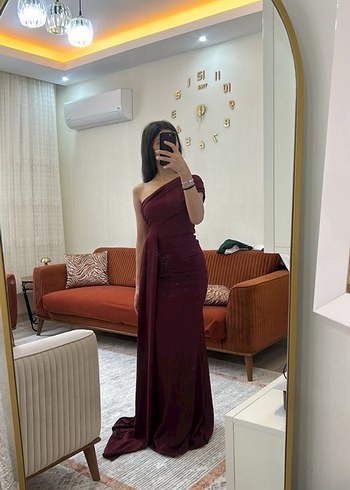 Bordo Drapeli Uzun Kadın Elbise - Görsel 3