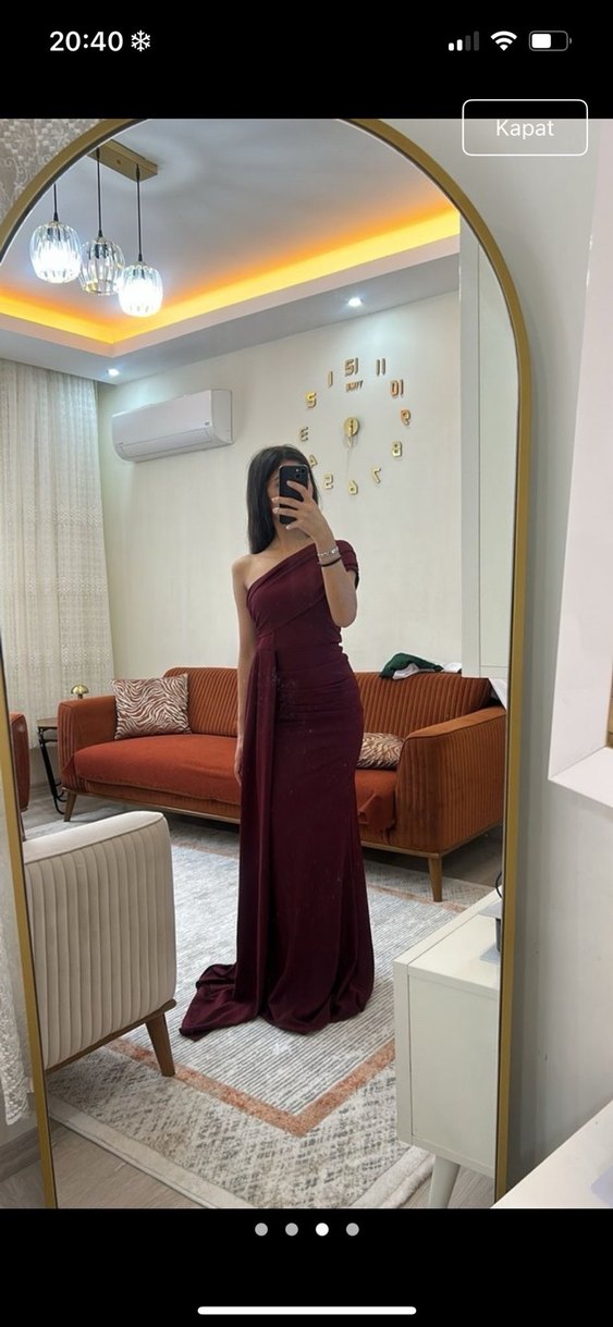 Bordo Drapeli Uzun Kadın Elbise - Görsel 3