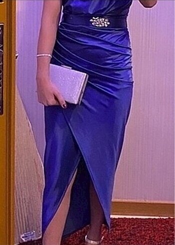 Mavi Drapeli Straplez Uzun Abiye Elbise - Görsel 2