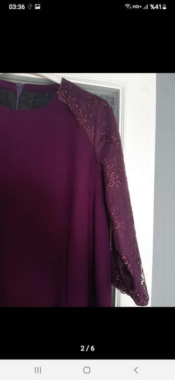 mürdüm Dantel Detaylı Uzun Kollu Uzun Elbise - Görsel 2