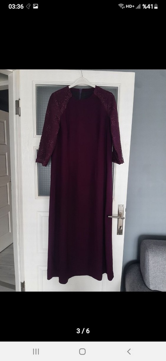 mürdüm Dantel Detaylı Uzun Kollu Uzun Elbise - Görsel 3