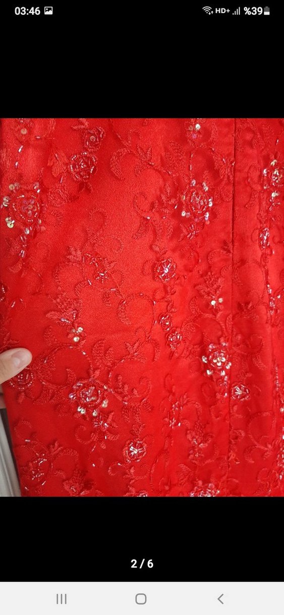 Kırmızı Uzun Kollu boncuklu Abiye Elbise - Görsel 2