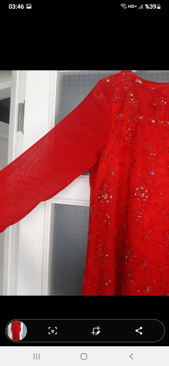 Kırmızı Uzun Kollu boncuklu Abiye Elbise - Görsel 5