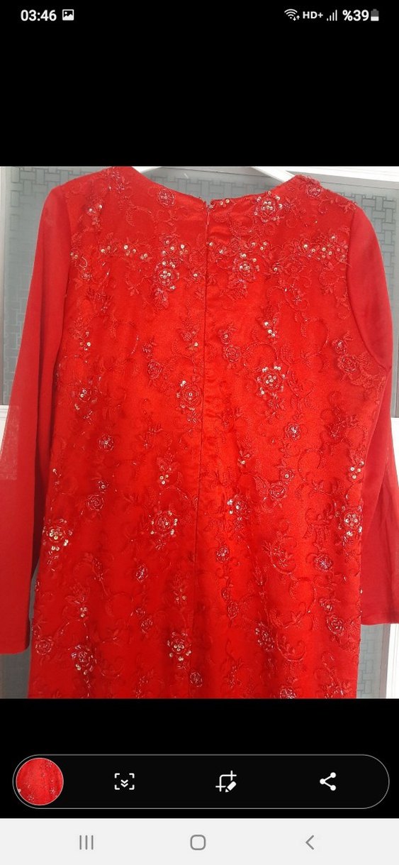 Kırmızı Uzun Kollu boncuklu Abiye Elbise - Görsel 3