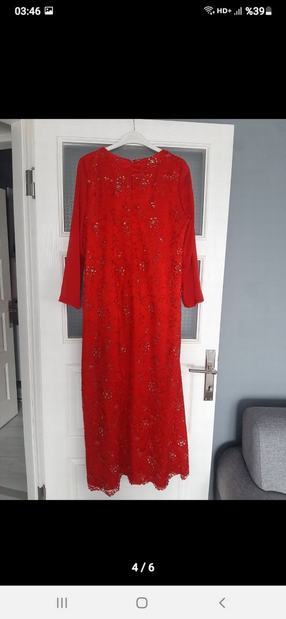 Kırmızı Uzun Kollu boncuklu Abiye Elbise - Görsel 4
