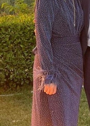 Uzun Kollu Lacivert Kadın Abiye Elbise - Görsel 3