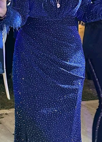 Uzun Kollu Lacivert Kadın Abiye Elbise - Görsel 2