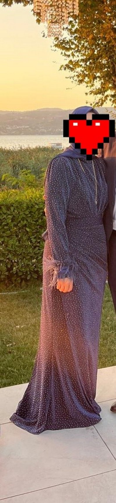 Uzun Kollu Lacivert Kadın Abiye Elbise - Görsel 3