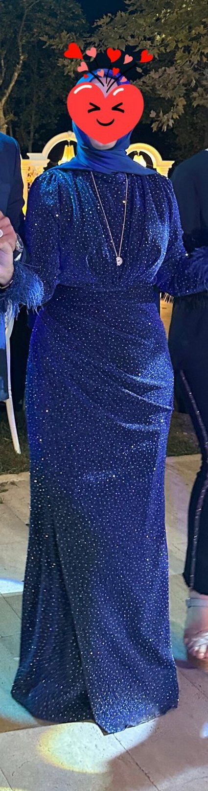 Uzun Kollu Lacivert Kadın Abiye Elbise - Görsel 2