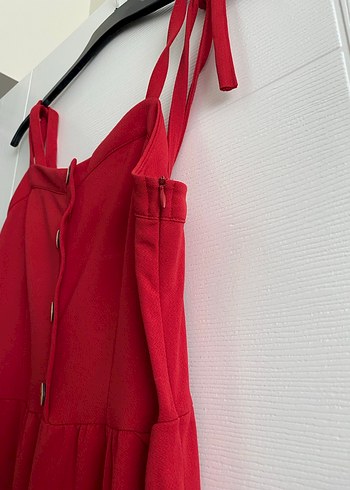 Kırmızı Keten Uzun Tulum Düğmeli - Görsel 3