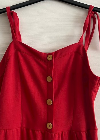 Kırmızı Keten Uzun Tulum Düğmeli - Görsel 2