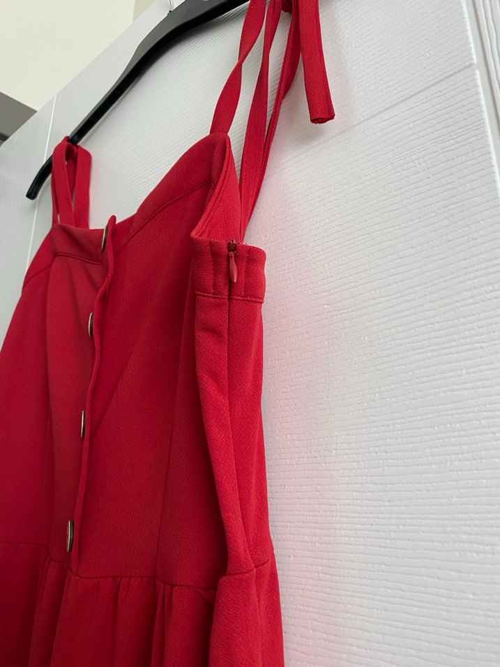 Kırmızı Keten Uzun Tulum Düğmeli - Görsel 3