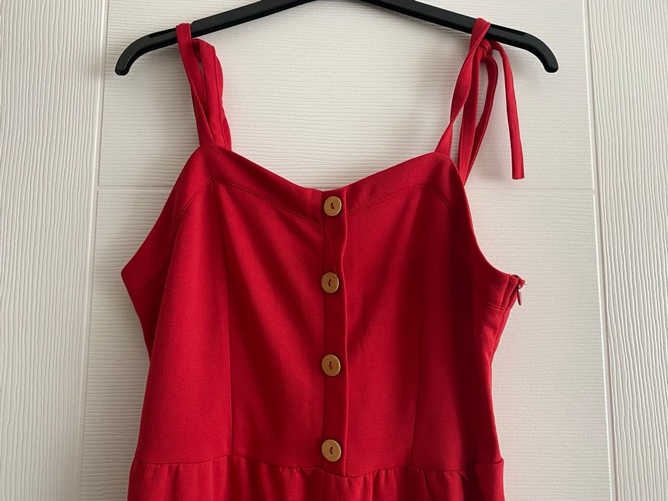 Kırmızı Keten Uzun Tulum Düğmeli - Görsel 2