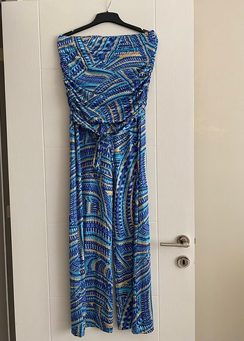 Mavi Drapeli straplez Uzun Bohem Elbise - Görsel 2