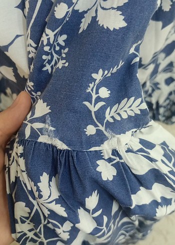 xl Beden mavi Renk Uzun Kollu Mavi Bağlama Desenli Bohem Elbise