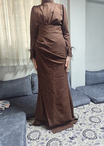 Kahverengi Drapeli Uzun Kalem Elbise - Görsel 2
