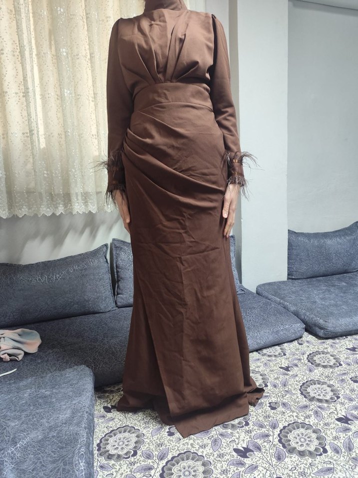 Kahverengi Drapeli Uzun Kalem Elbise - Görsel 2