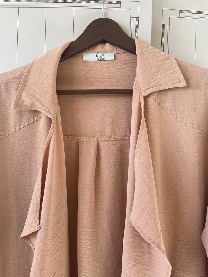 Bej Kadın Uzun Keten kimono - Görsel 2
